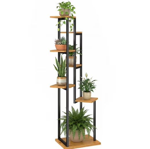 Blumenständer 7 Etagen Stahl-Holz | Pflanzenregal 130 cm hoch | Treppenregal Innen & Außen | Regines Gartenmarkt