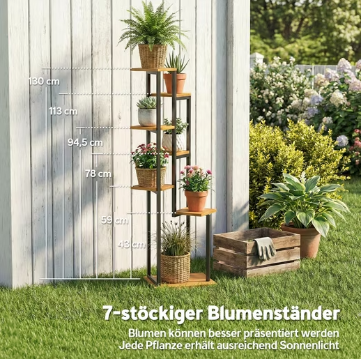 Blumenständer 7 Etagen Stahl-Holz | Pflanzenregal 130 cm hoch | Treppenregal Innen & Außen | Regines Gartenmarkt