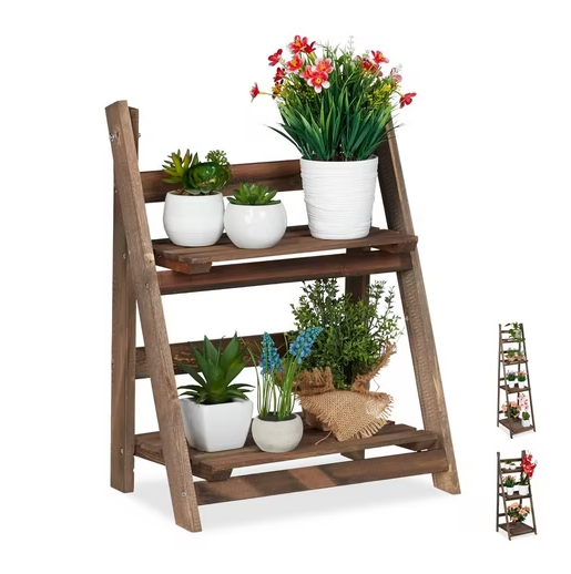 Blumentreppe Holz 2 Etagen klappbar | Pflanzenregal Leiter braun | 41x51,5 cm | Innen & Außen