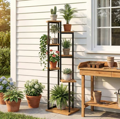Blumenständer 7 Etagen Stahl-Holz | Pflanzenregal 130 cm hoch | Treppenregal Innen & Außen | Regines Gartenmarkt