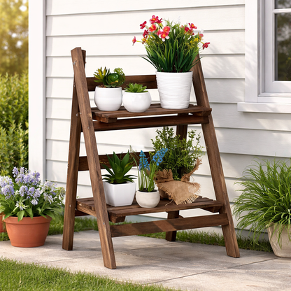 Blumentreppe Holz 2 Etagen klappbar | Pflanzenregal Leiter braun | 41x51,5 cm | Innen & Außen